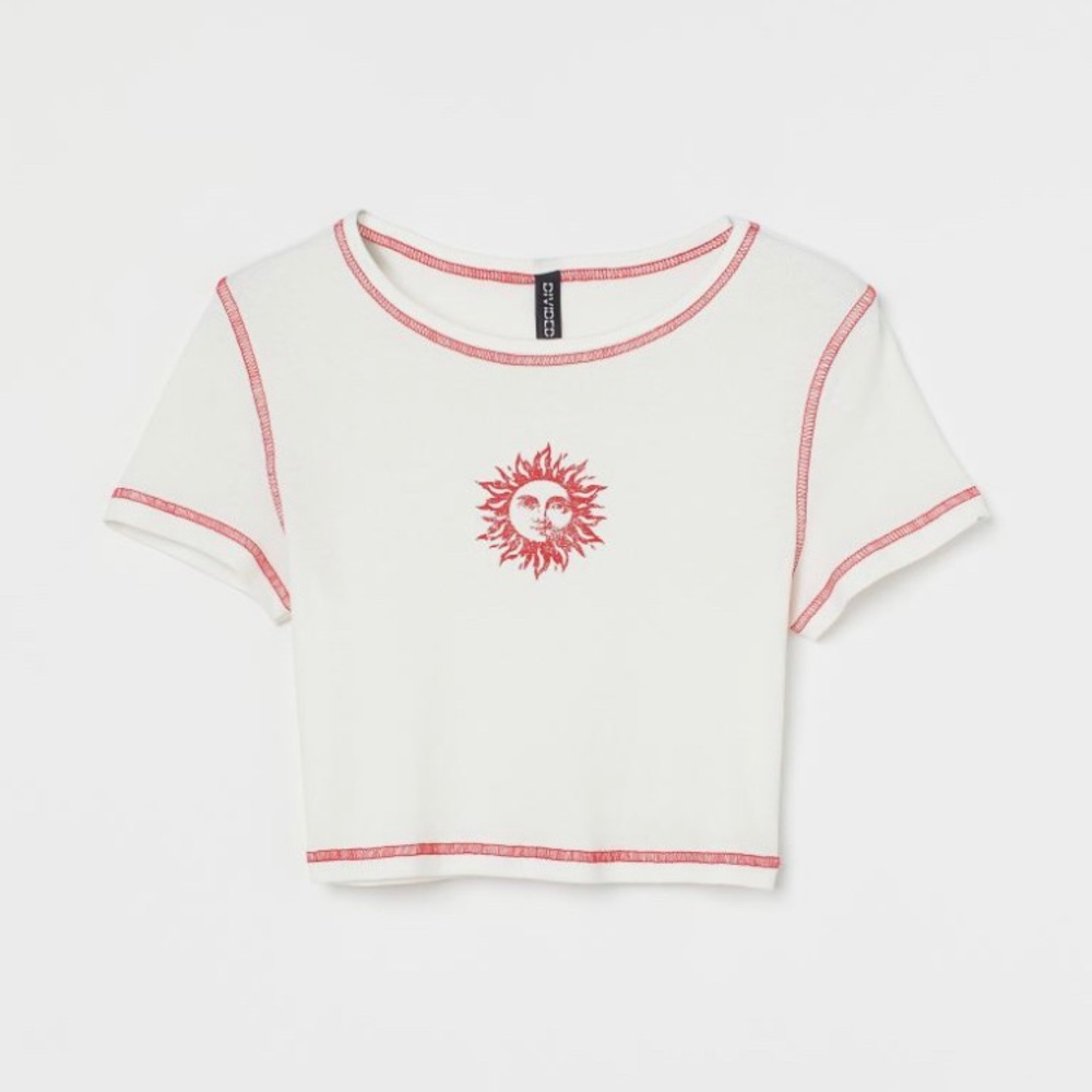 Cotton Jersey Crop Top With Red Stitching And Red Sun